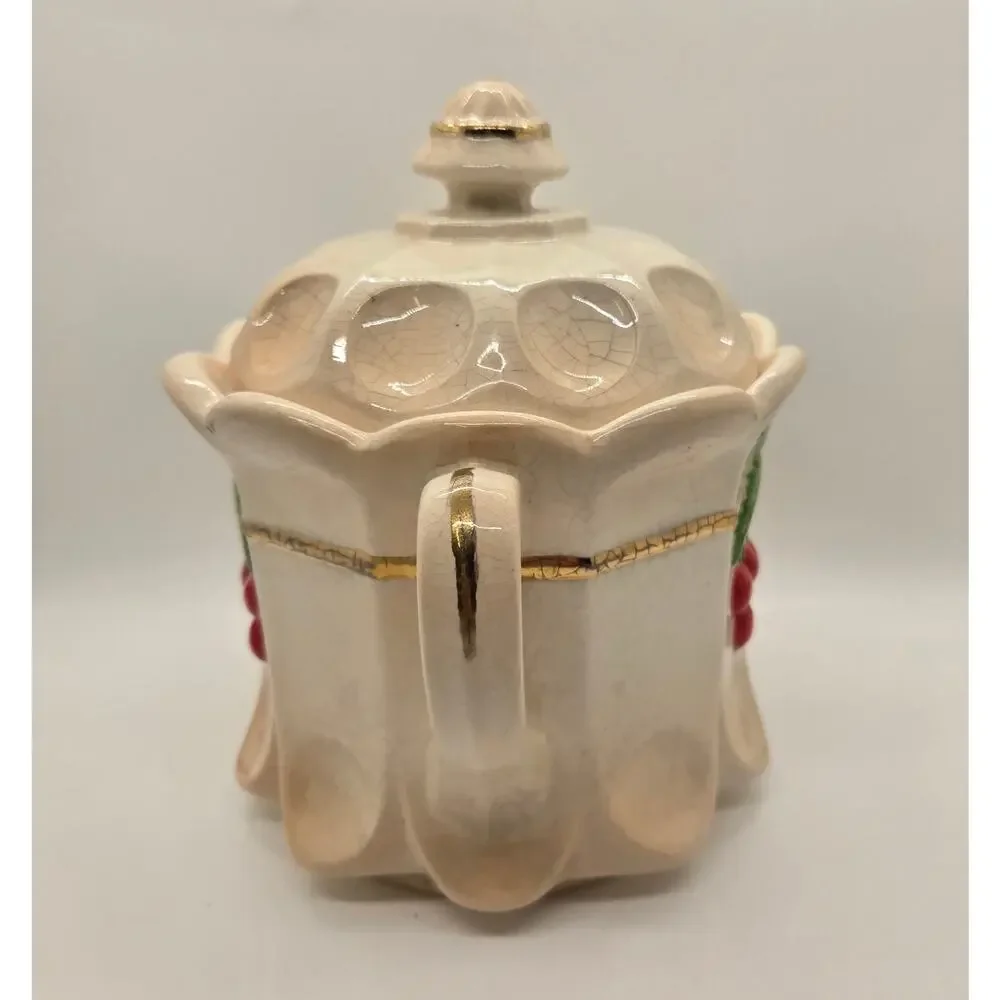 Vintage Westmoreland Milk Glass Hand Painted Cherry Thumbprint Panel Cookie Jar